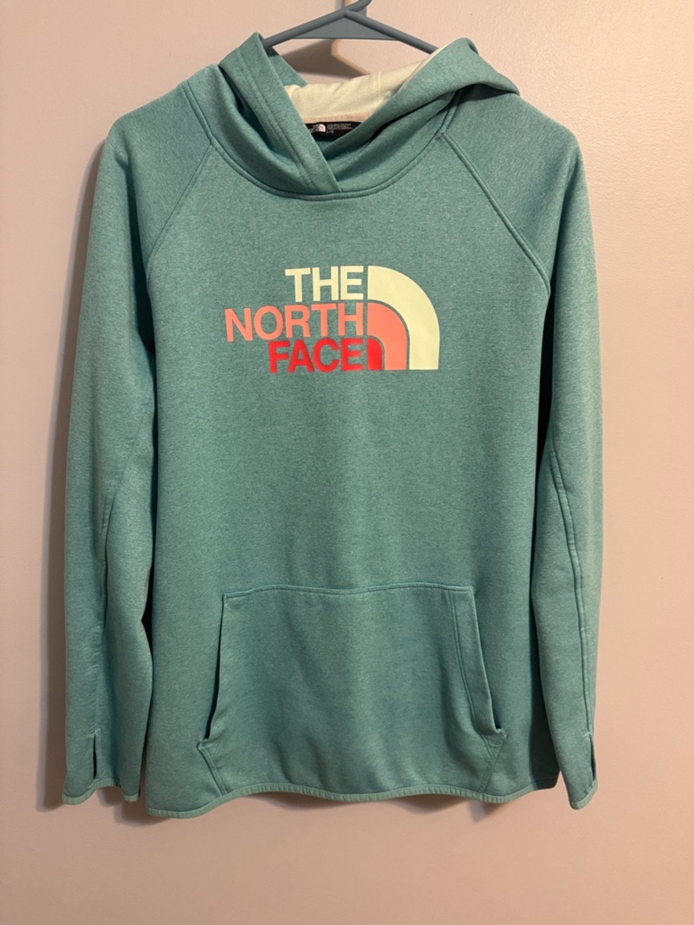 Vintage The North Face Teal Pullover Hoodie with Multicolor Logo Women’s Large